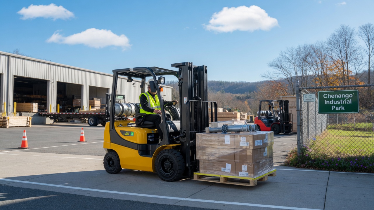 Forklift Rental service in Chenango, NY showcasing a reliable electric forklift.